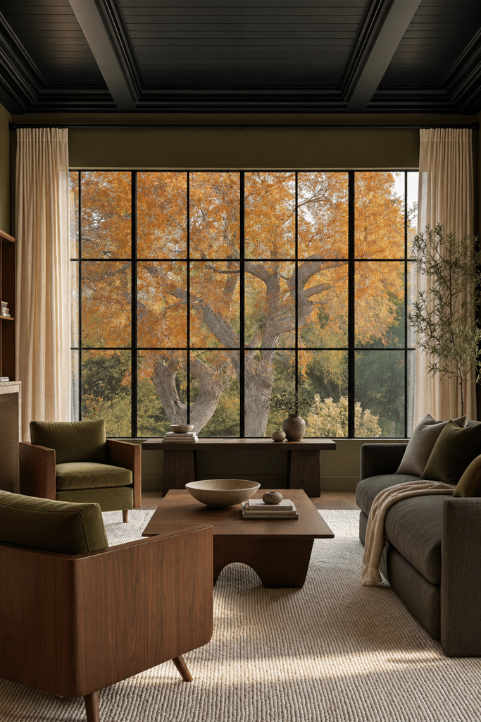 Moody Organic Modern living room with olive chairs, dark wood furniture, pale rug, large black-framed window, and autumn trees outside.