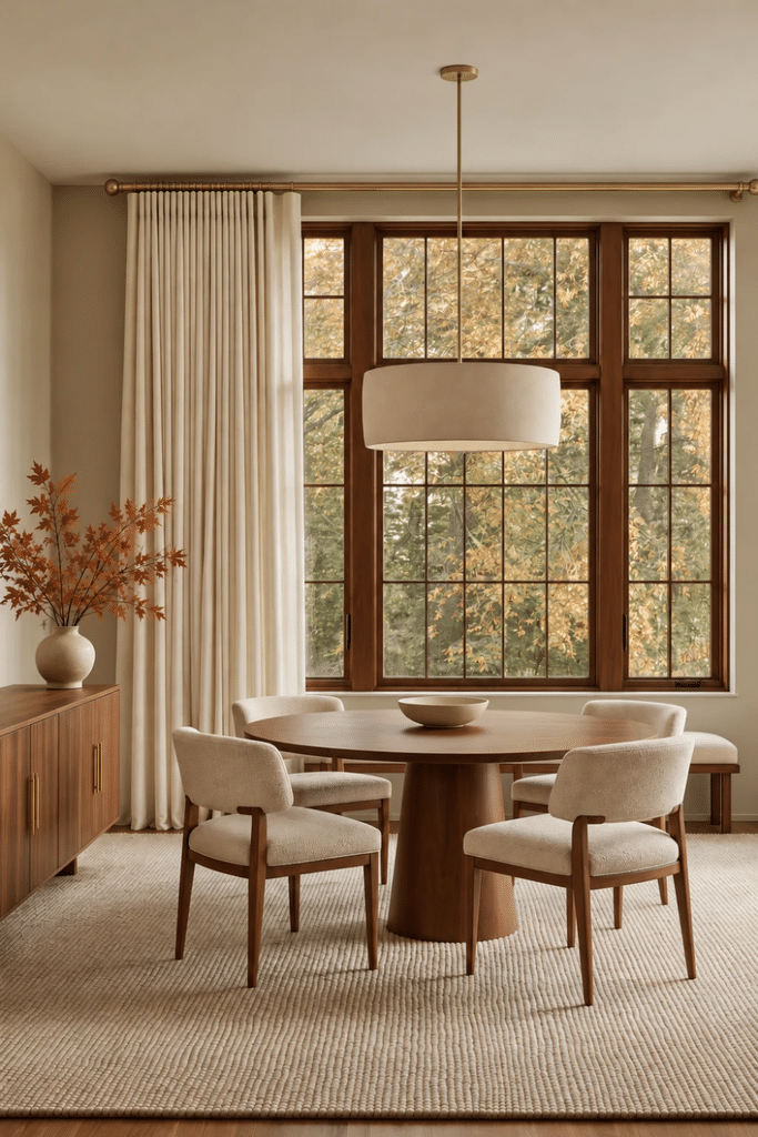 Organic Modern dining room with walnut table, upholstered cream chairs, wool rug, linen curtains, brass hardware, and autumn branches