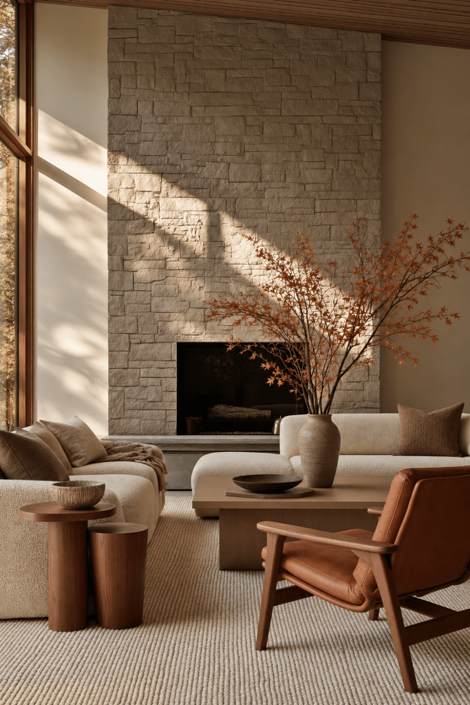 Organic Modern living room with natural stone fireplace, cream boucle sofas, cognac leather chair, wool rug, walnut tables, and autumn branches.