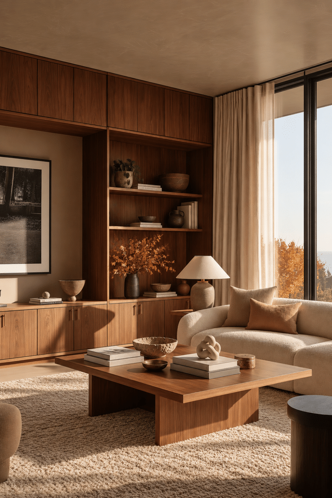 Organic Modern living room with walnut built-ins, cream boucle sofa, textured rug, autumn branches, and warm natural light.