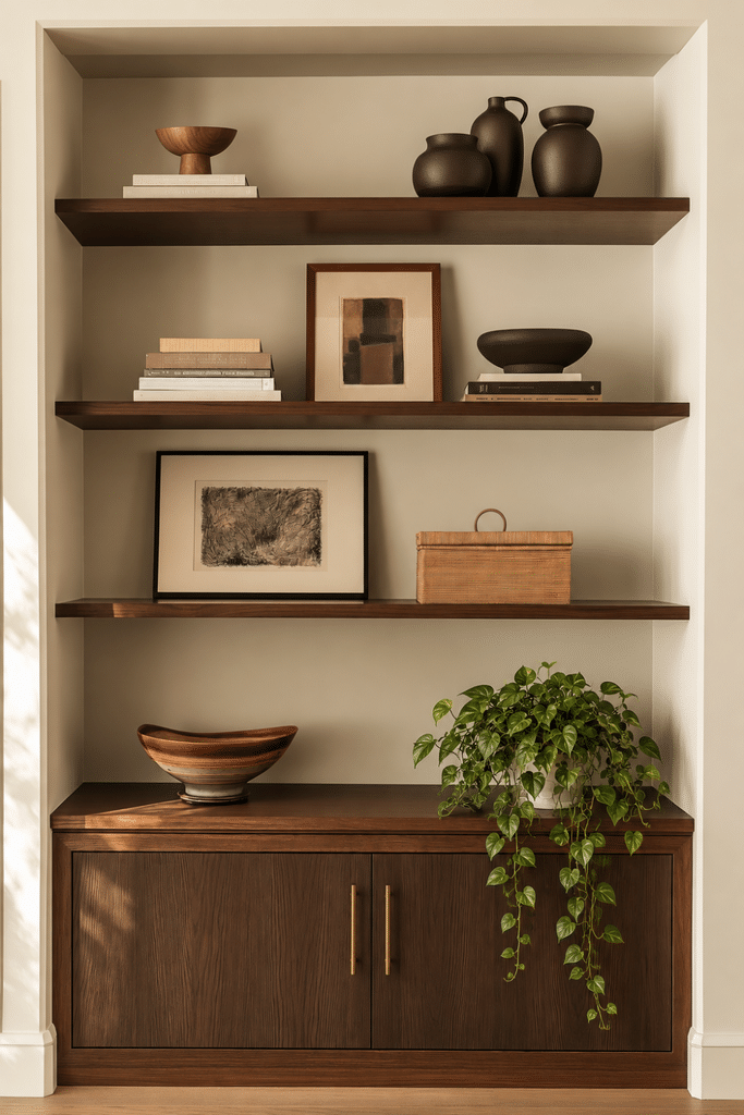 Walnut built-in shelves styled with neutral pottery, framed art, books, woven storage, greenery, and closed cabinets with brass handles.