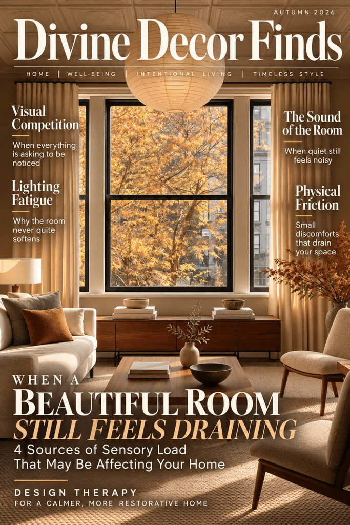 Divine Decor Finds Autumn 2026 magazine cover featuring an Organic Modern living room and four sources of sensory load in the home.