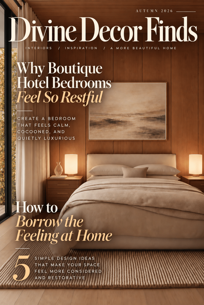 Divine Decor Finds Autumn 2026 magazine-style cover featuring a warm boutique hotel bedroom with wood paneling, neutral bedding, and editorial text.